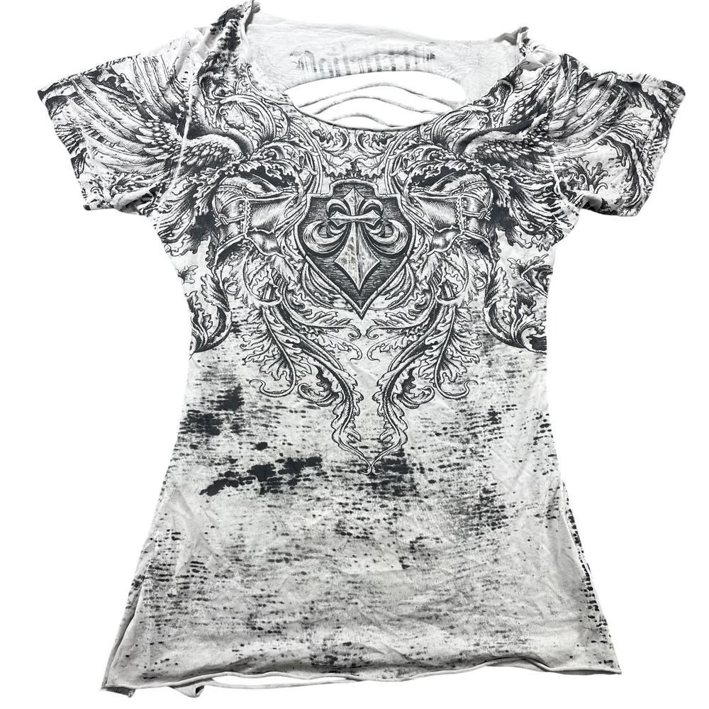 Affliction Womens Small Distressed Winged Graphic T-Shirt Y2K Gothic Black White